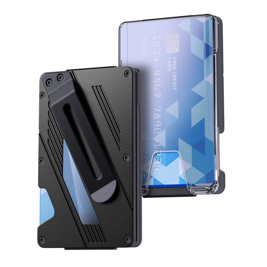 Herren Geldbörse – Schlanke Aluminium Metall Geldklammer Wallet mit Klarem ID-Fach | RFID Schutz Ultra-Dünne Taktische Brieftasche Kaufschwan® Schwarz
