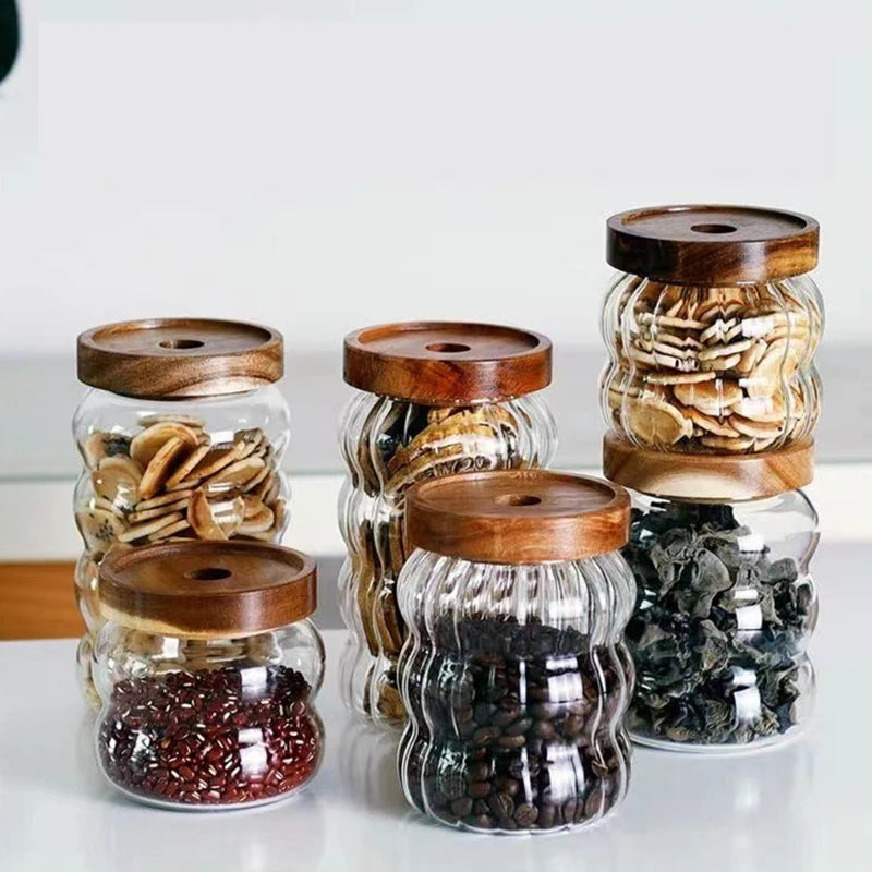 Glas Vorratsbehälter mit Holzdeckel & Streifen Design – Versiegelte Gläser für Tee, Kaffeebohnen, Getreide & Süßigkeiten Kaufschwan®