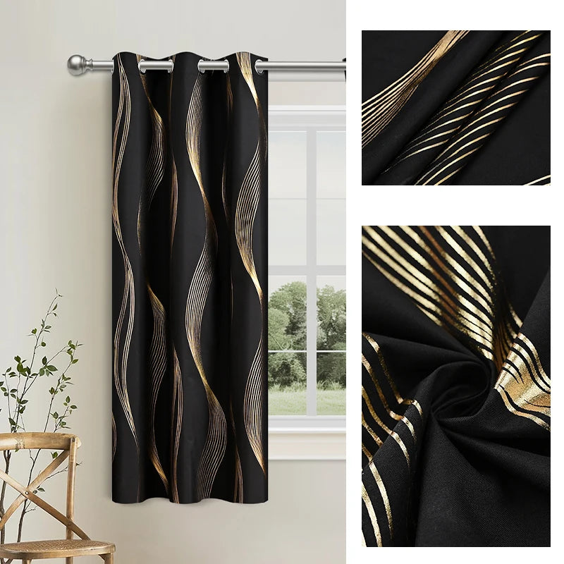 100% Verdunkelung Luxus Marmor Vorhang Set mit Goldfolie und Präziser Verarbeitung – Premium Wohn Deko Kaufschwan® Schwarz-01 100X250CM-1 Stück Metallösen-Oberteil