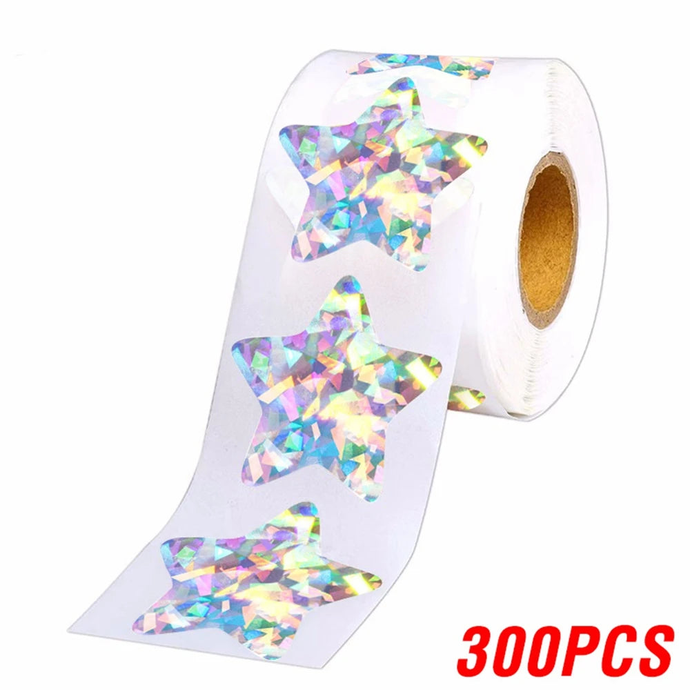 50–500 Stück Silberne Folien-Sternaufkleber – Holografische Belohnungs-Sticker für Kinder, Lehrer & Bastelarbeiten | Glänzende Sterne für Dekoration & Unterricht Kaufschwan® Regenbogen-300 Stück