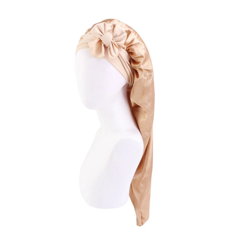 Lange Übergroße Satin-Schlafhaube für Damen – Atmungsaktive Elastische Haarhaube mit Schleifenband für die Nacht