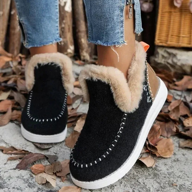 Damen Winterstiefel – Runde Zehenform Schneestiefel mit Kunstfell Futter | Flache Kurzschaft Stiefel mit Warmem Fleece für Damen Kaufschwan® Schwarz 36