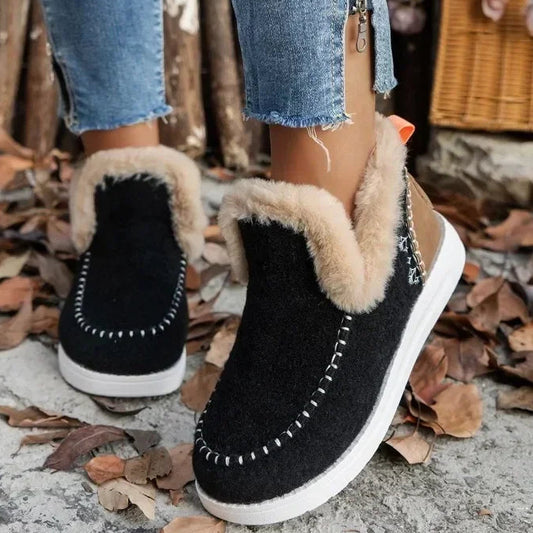 Damen Winterstiefel – Runde Zehenform Schneestiefel mit Kunstfell Futter | Flache Kurzschaft Stiefel mit Warmem Fleece für Damen Kaufschwan® Schwarz 36
