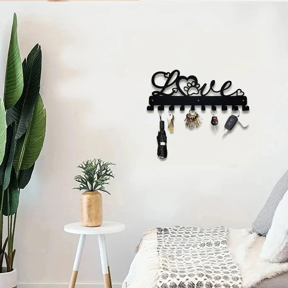 LOVE Metall Schlüsselhalter – Schwarzer Wandhaken aus Eisen mit 10 Haken | Dekorative Organizer-Leiste für Handtücher, Taschen, Kleidung, Caps & Schlüssel Kaufschwan®
