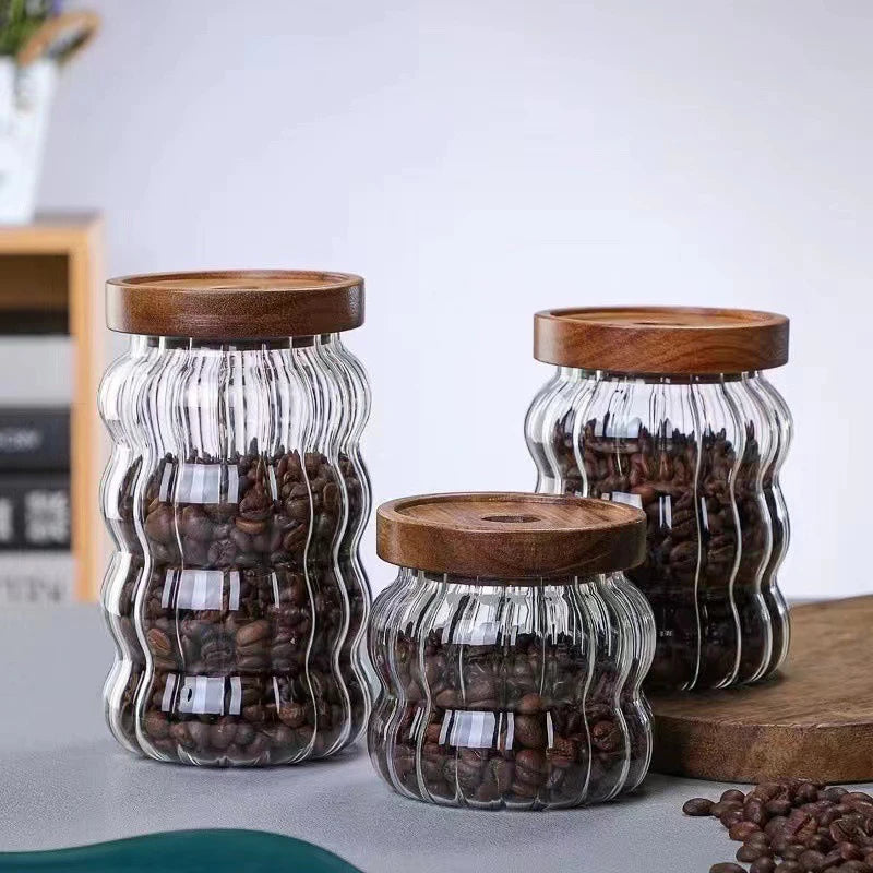 Glas Vorratsbehälter mit Holzdeckel & Streifen Design – Versiegelte Gläser für Tee, Kaffeebohnen, Getreide & Süßigkeiten Kaufschwan®