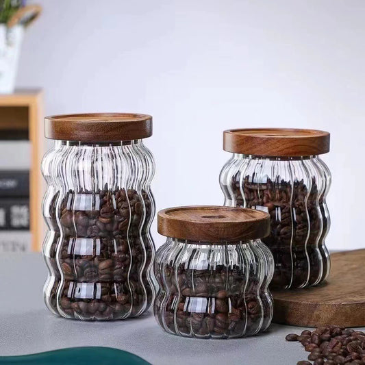 Glas Vorratsbehälter mit Holzdeckel & Streifen Design – Versiegelte Gläser für Tee, Kaffeebohnen, Getreide & Süßigkeiten Kaufschwan®