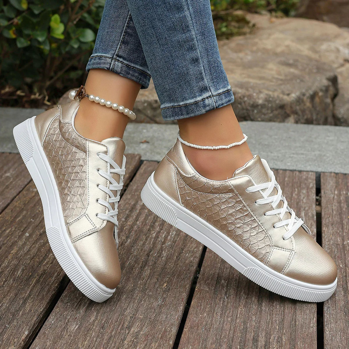 Damen Sneaker in Gold & Silber | Frühling & Herbst Schnürschuhe aus Weichem PU Leder | Modische Freizeitschuhe Kaufschwan®