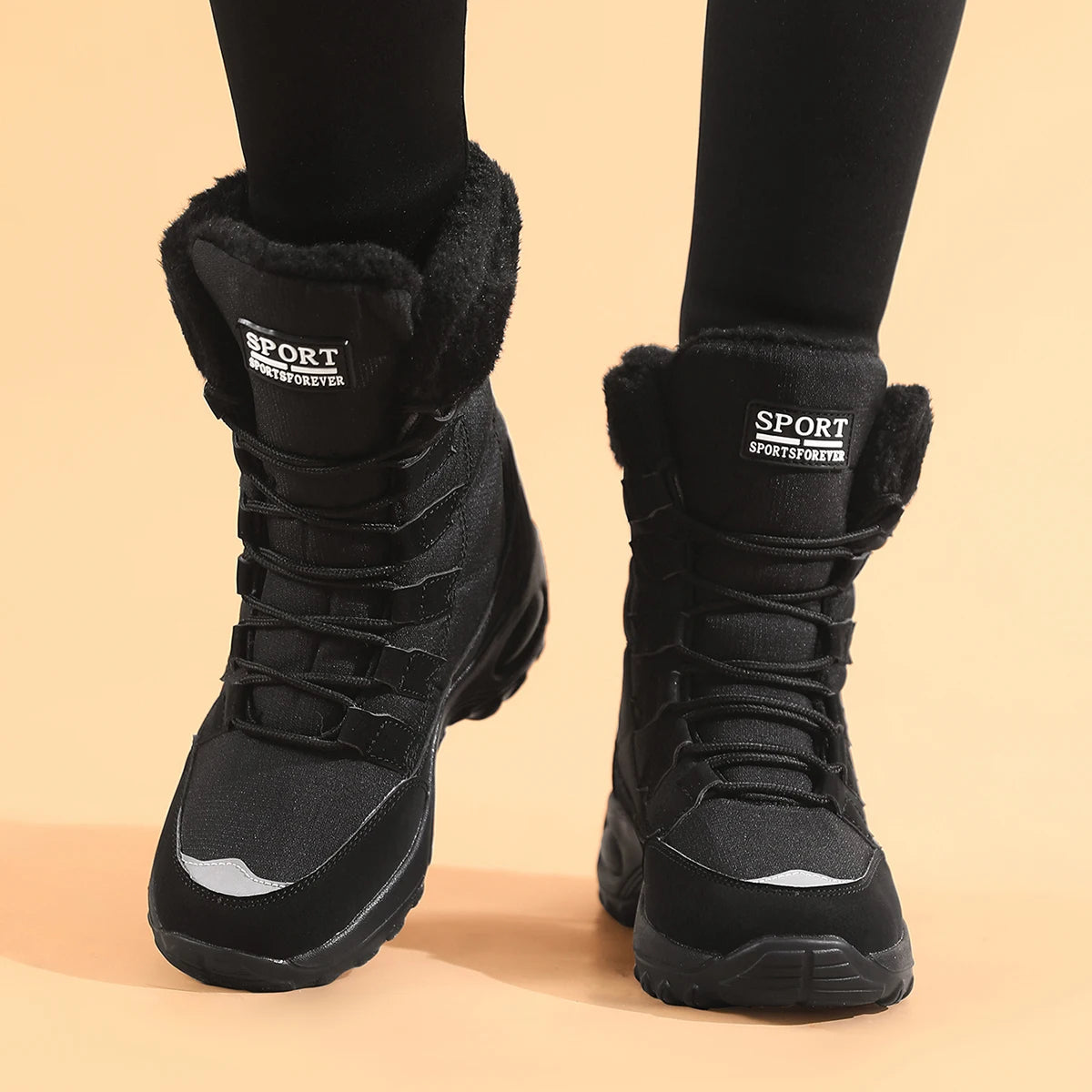 Damen Winter Schneestiefel – Wasserdichte Mittelhohe Stiefel | Hochwertige Kunstfell Gefütterte Wanderstiefel für Damen Kaufschwan® Schwarz 36