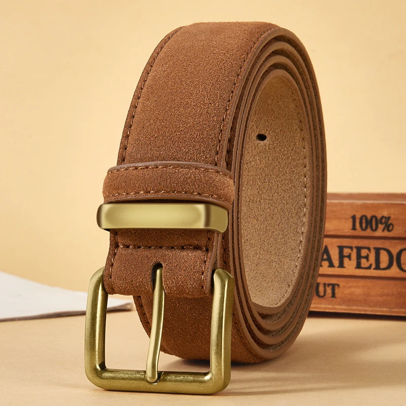 Luxus Wildledergürtel aus Rindsleder für Damen – Vintage Stil mit Goldschnalle | 3,5 cm Breiter Taillengürtel für Kleider & Jeans Kaufschwan® Braun 100cm