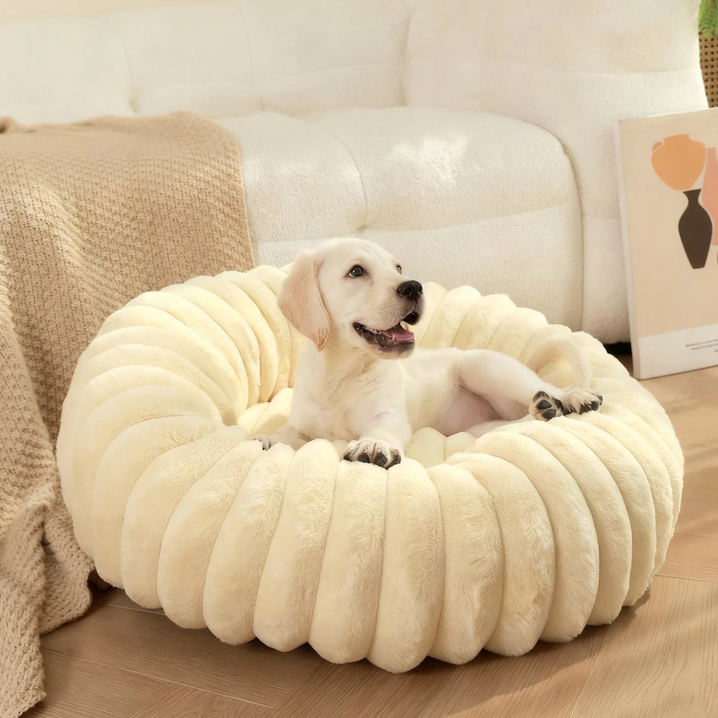 Indoor Hundebett – Cordstoff & Kunstfell Donut Bett mit Anti-Rutsch Boden Kaufschwan®
