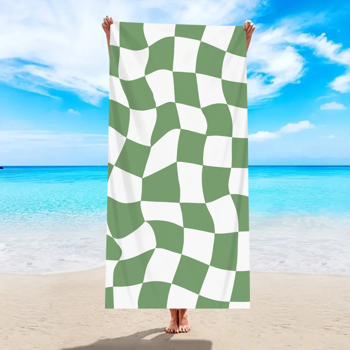 Modisches Kariertes Strandtuch – Schnell Trocknend & Saugfähig | Großes Mikrofaser Handtuch in Mehreren Farben für Strand & Reisen Kaufschwan® Hellgrün-Weiß 180x90cm