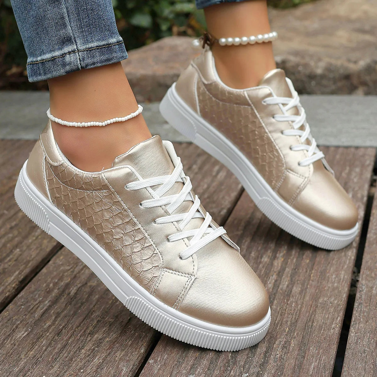 Damen Sneaker in Gold & Silber | Frühling & Herbst Schnürschuhe aus Weichem PU Leder | Modische Freizeitschuhe Kaufschwan®
