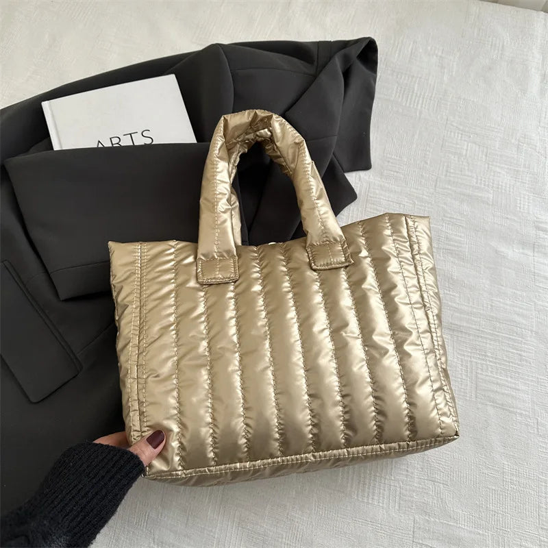 Damen Tote Bag – Gestepptes Nylon mit Baumwollpolsterung | Einfarbige Casual Fashion Schultertasche Kaufschwan® Gold