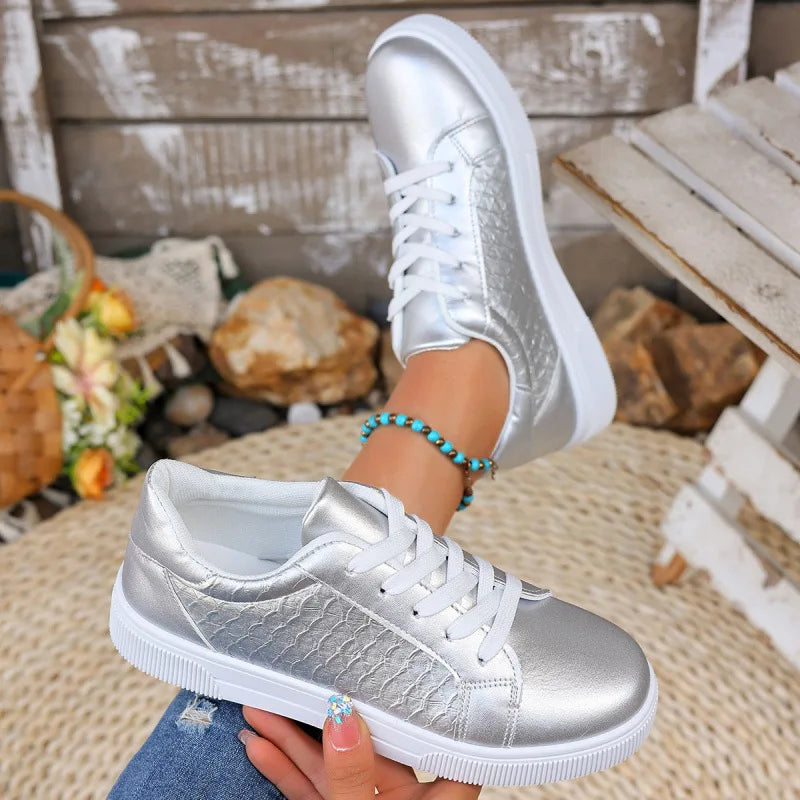 Damen Sneaker in Gold & Silber | Frühling & Herbst Schnürschuhe aus Weichem PU Leder | Modische Freizeitschuhe Kaufschwan® Silber 35