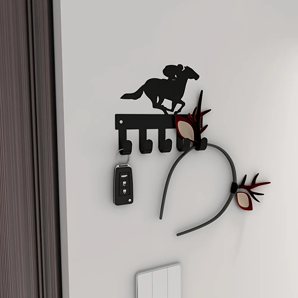 Schwarzer Metall Schlüsselhalter für die Wand – Klebender Schlüssel Organizer mit 5 Haken | Dekorativer Fahrrad & Reiter Hakenhalter Kaufschwan®