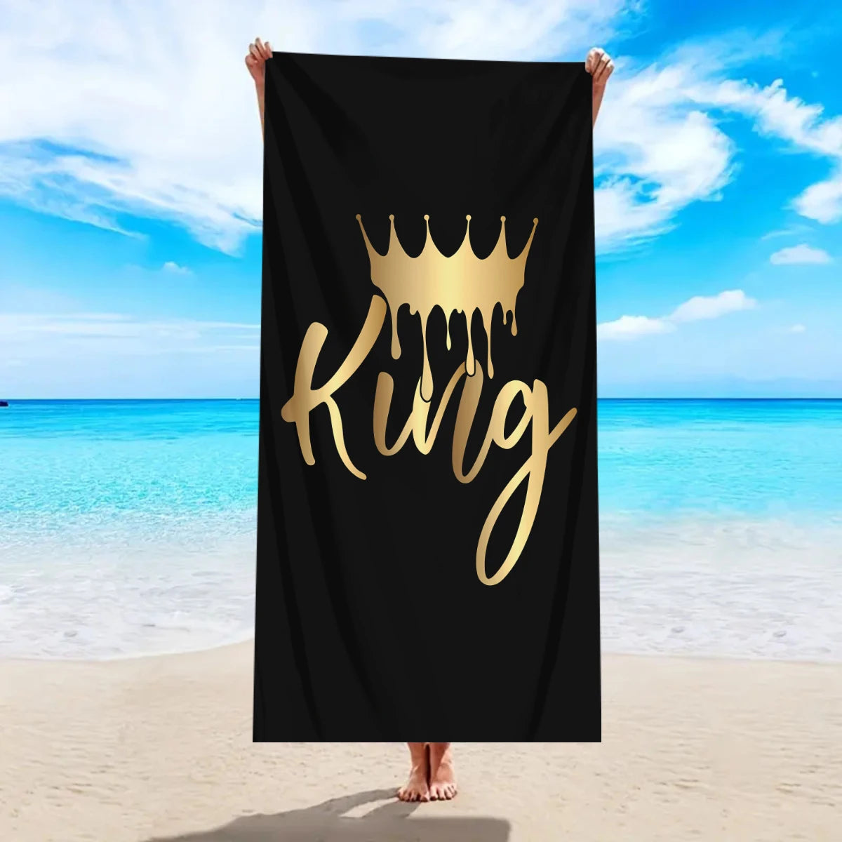 King & Queen Strandtücher – Schnell Trocknende Ultrafeine Mikrofaser Handtücher | Saugfähige Stranddecken für Schwimmen & Reisen Kaufschwan® Schwarz-Gold (Schrift: King) 150x75cm
