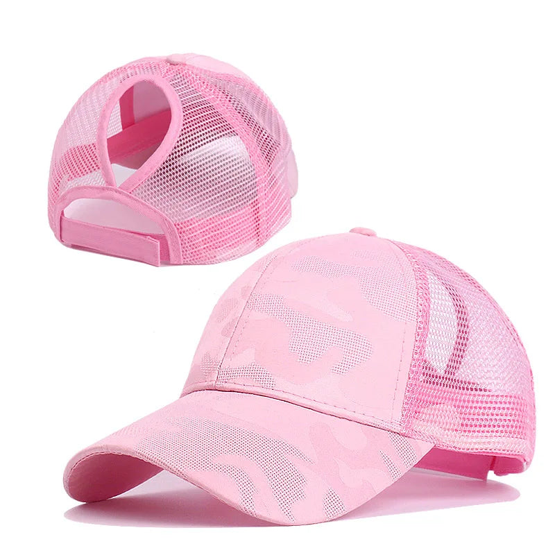 Sommer Camouflage Damen Zopf Cap | Damen Snapback Baseballkappe | Messy Hair Bun & Ponytail Freundlich Kaufschwan® Rosa