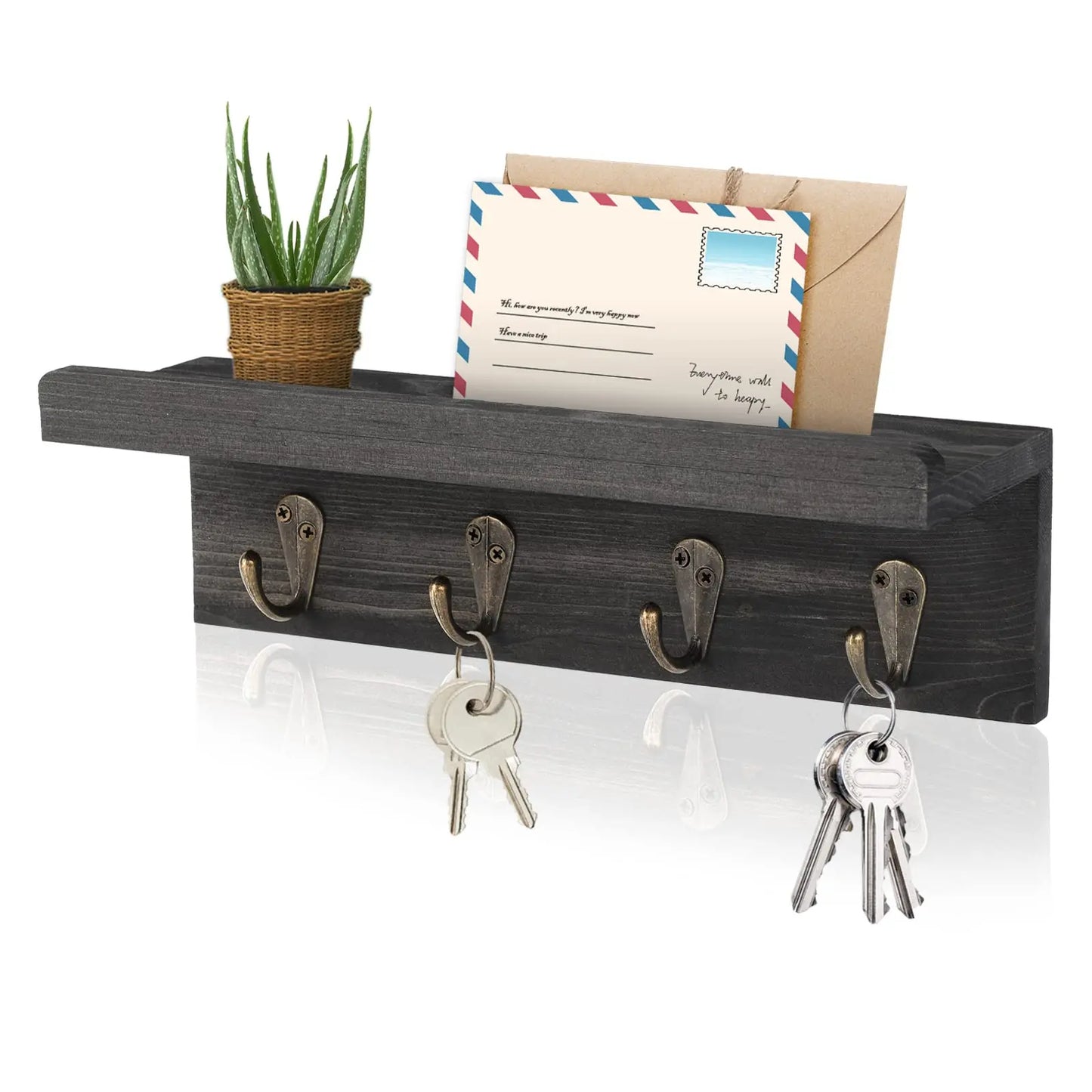 Rustikaler Holz Schlüsselhalter für die Wand – Landhausstil Wandregal | Wandmontierter Organizer mit 4 Metallhaken für Schlüssel & Deko Kaufschwan® Schwarz