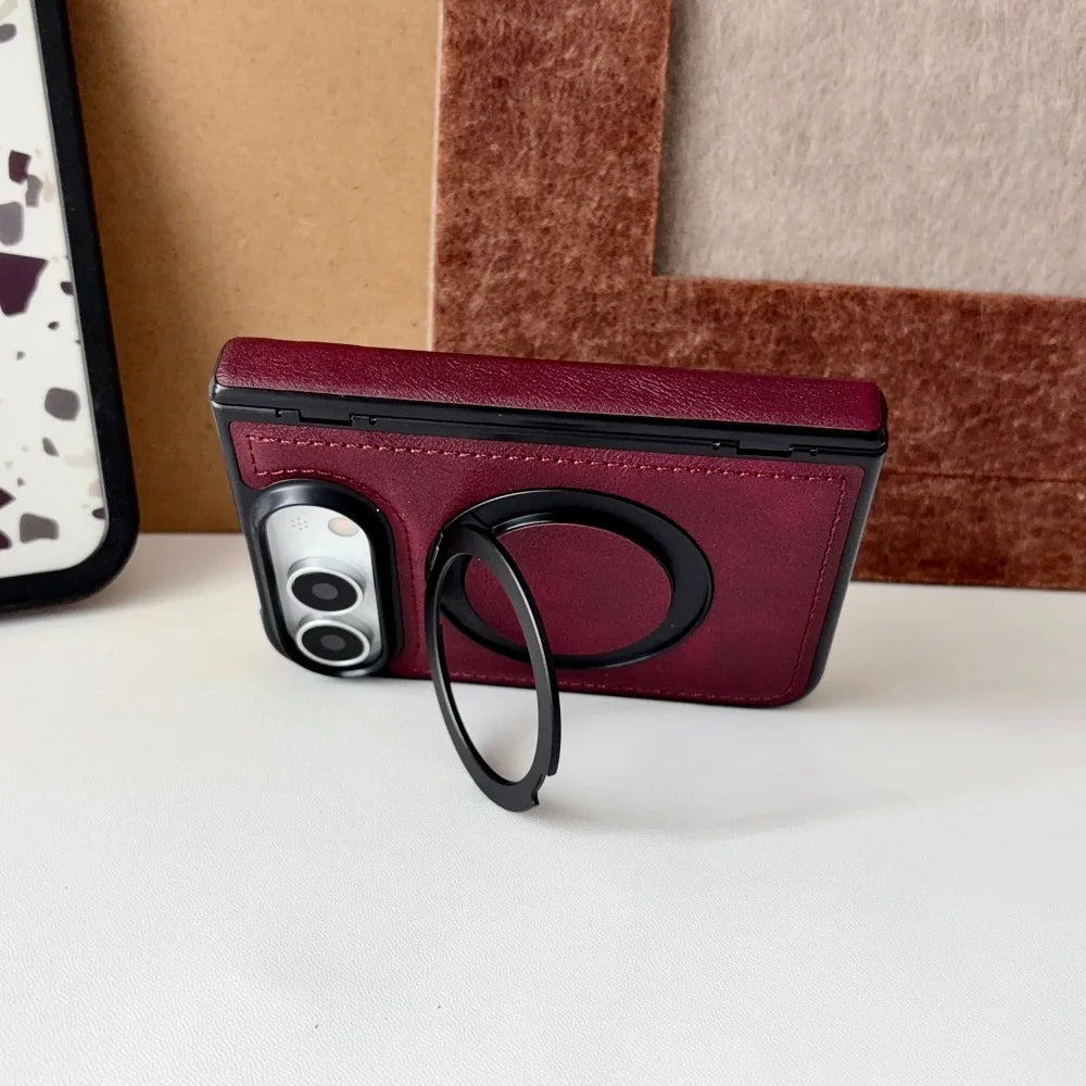Luxuriöse Retro-Schutzhülle in Lederoptik für iPhone Duo – Magnetische MagSafe-Kompatible Hülle mit Drehbarem Ständer und Stoßschutz Kaufschwan®