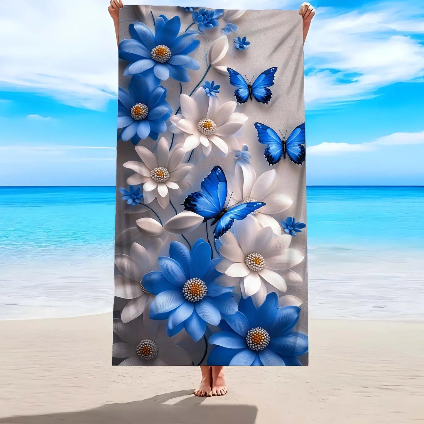 Blau-Weiß Geblümtes Strandtuch – Weiches Mikrofaser-Frottee Handtuch | Schnell Trocknend & Saugfähig für Yoga, Reisen, Fitness & Camping Kaufschwan® Weiß-Blau 35x75cm
