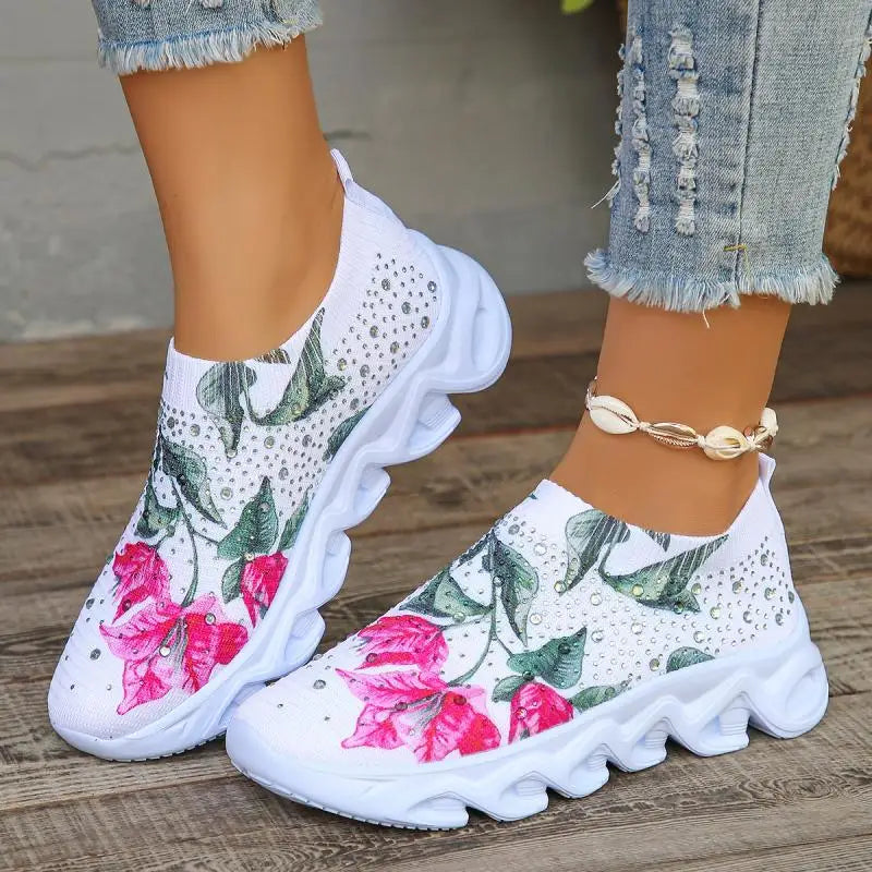Kristall Blumen Damen Strick-Sneaker – Sommer Atmungsaktive Air Mesh Freizeitschuhe | Leichte Sportschuhe & Walking Flats Kaufschwan®