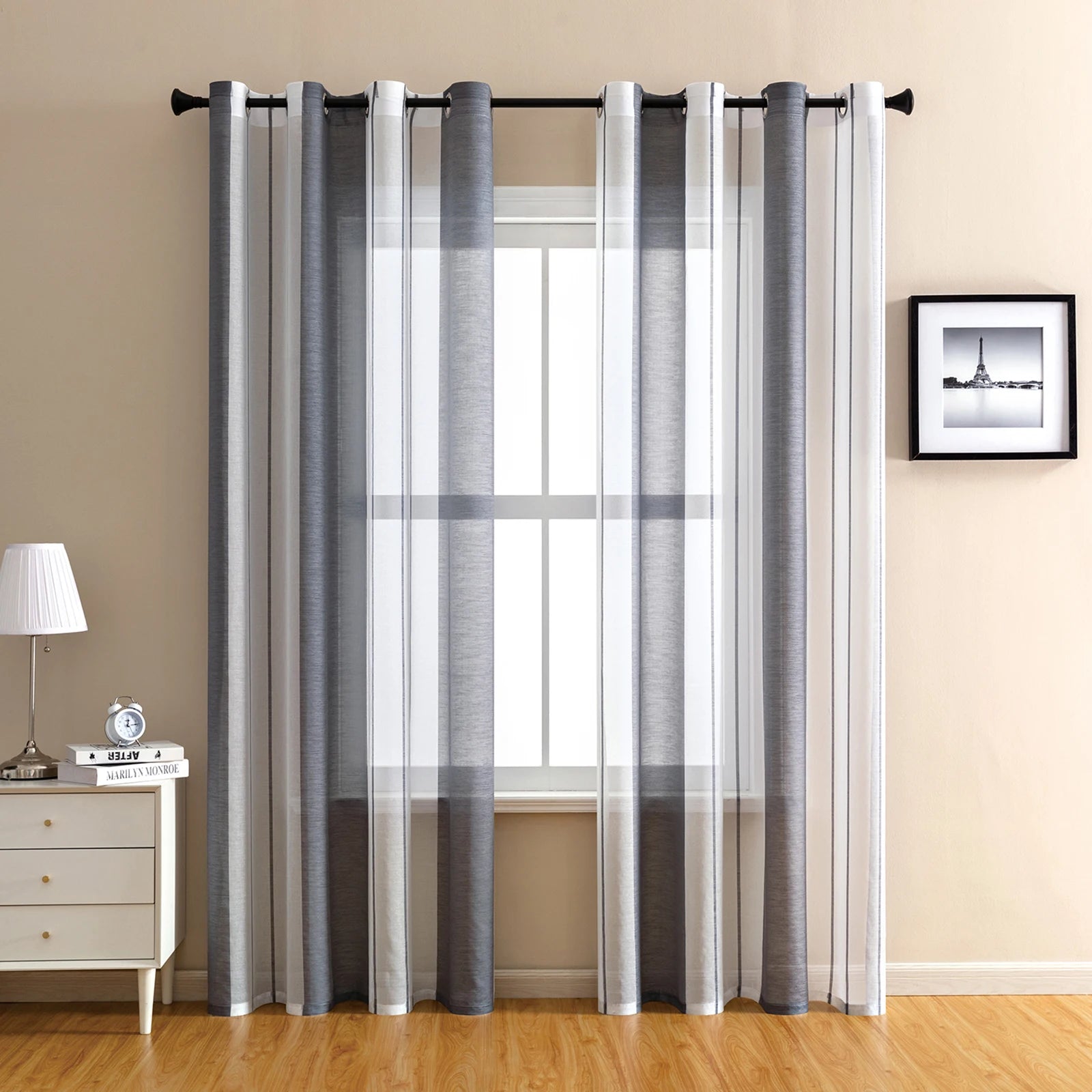 Moderner Gestreifter Halb Transparenter Voile Vorhang mit Ösen für Wohnzimmer Schlafzimmer Büro 2 Stück/Set Kaufschwan® Grau 140x245cm