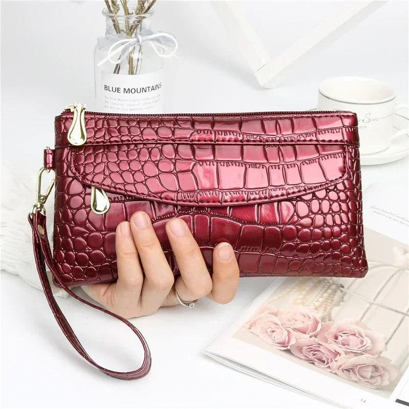 Damen Langbörse aus Leder – Doppelreißverschluss Clutch Tasche | Elegante Krokodil Muster Geldbörse in Rot Kaufschwan® Rot