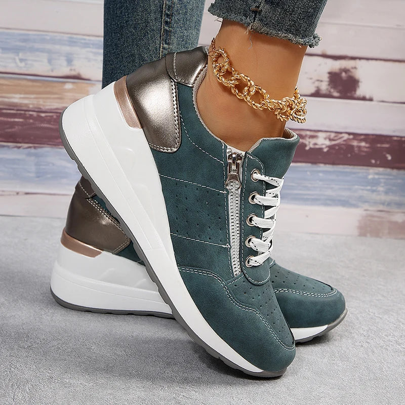 Damen Keil-Sneaker – Frühling Schnürschuhe mit Plateau-Sohle | Leichte, Rutschfeste Freizeit-Schuhe Kaufschwan® Dunkelgrün 36