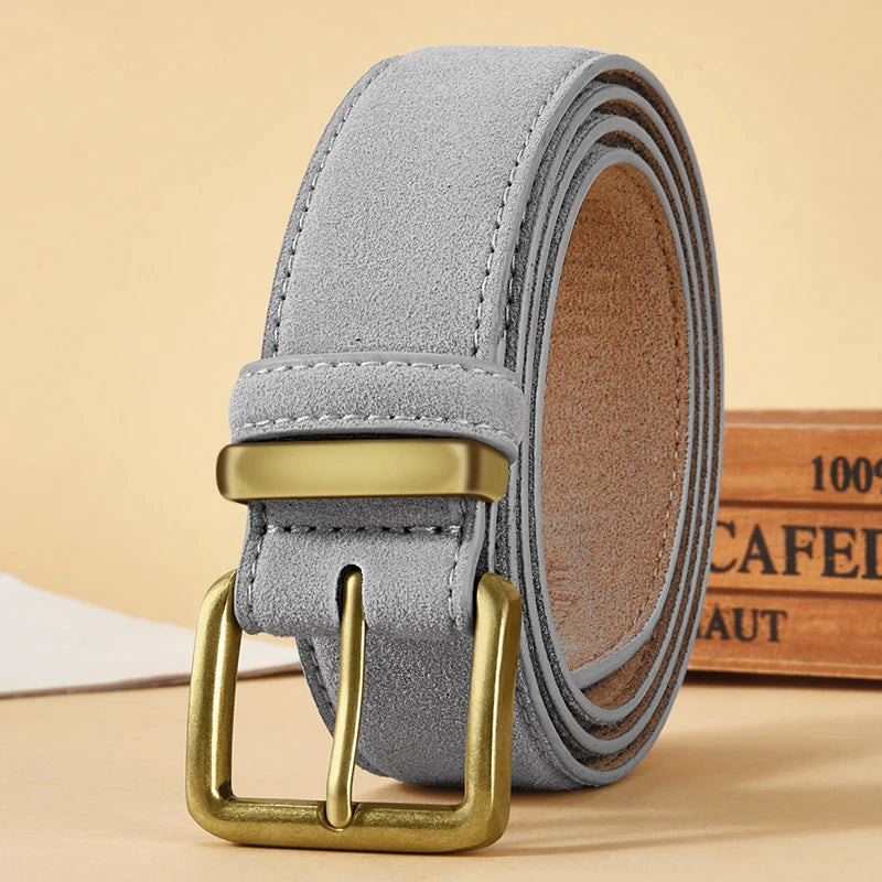 Luxus Wildledergürtel aus Rindsleder für Damen – Vintage Stil mit Goldschnalle | 3,5 cm Breiter Taillengürtel für Kleider & Jeans Kaufschwan® Weißgrau 100cm