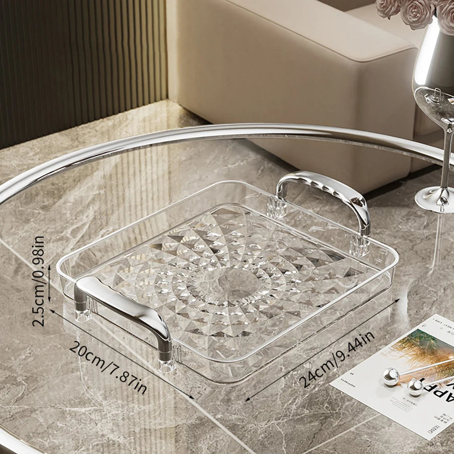 Transparentes Luxus-Serviertablett – Kunststoff Obst- & Desserttablett mit Griff, Dekoratives Aufbewahrungs- & Küchen-Organizer-Tablett Kaufschwan® Transparent Silber M