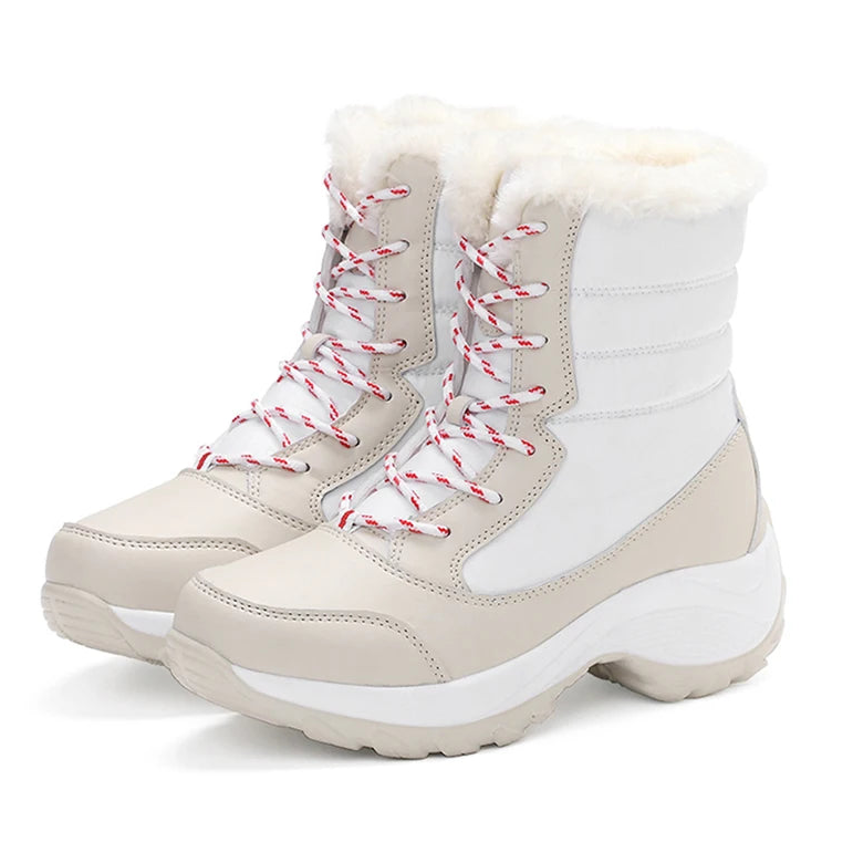 Damen Schneestiefel – Winter Plateau Schuhe | Warme Kunstfell Gefütterte Flache Stiefel für Damen | Bequeme Winter Schuhe Kaufschwan® Beige 35