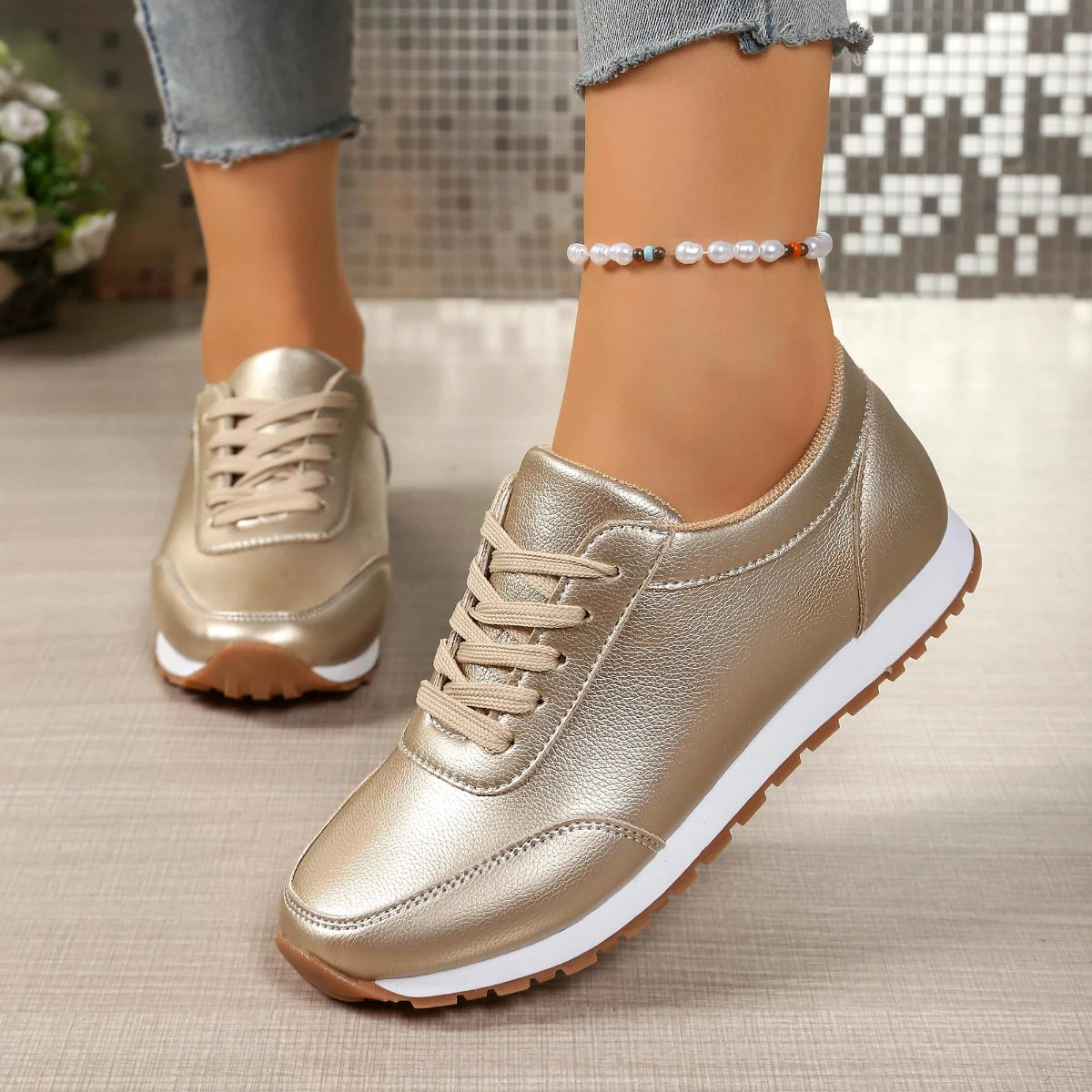 Damen Leder-Sneaker – Bequeme Schnürschuhe | Runde Zehenform, Flache Low-Top Schuhe für Frühling & Herbst Kaufschwan®
