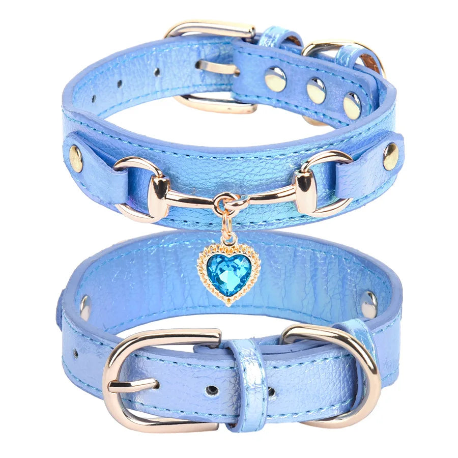 Glänzendes Strass Hundehalsband Love Design Leder Verstellbar Stilvolles Schmuck Halsband für Hunde Kaufschwan® Blau XS