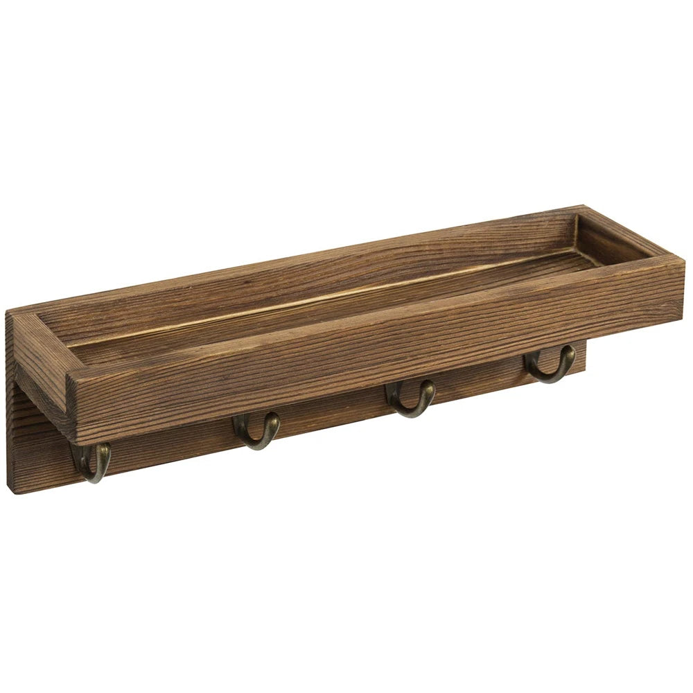 Schlüsselhalter aus Holz mit Ablage – Rustikaler Wand Organizer | Schwimmendes Regal mit 4 Metallhaken für Schlüssel, Leine, Sonnenbrille & Deko Kaufschwan®