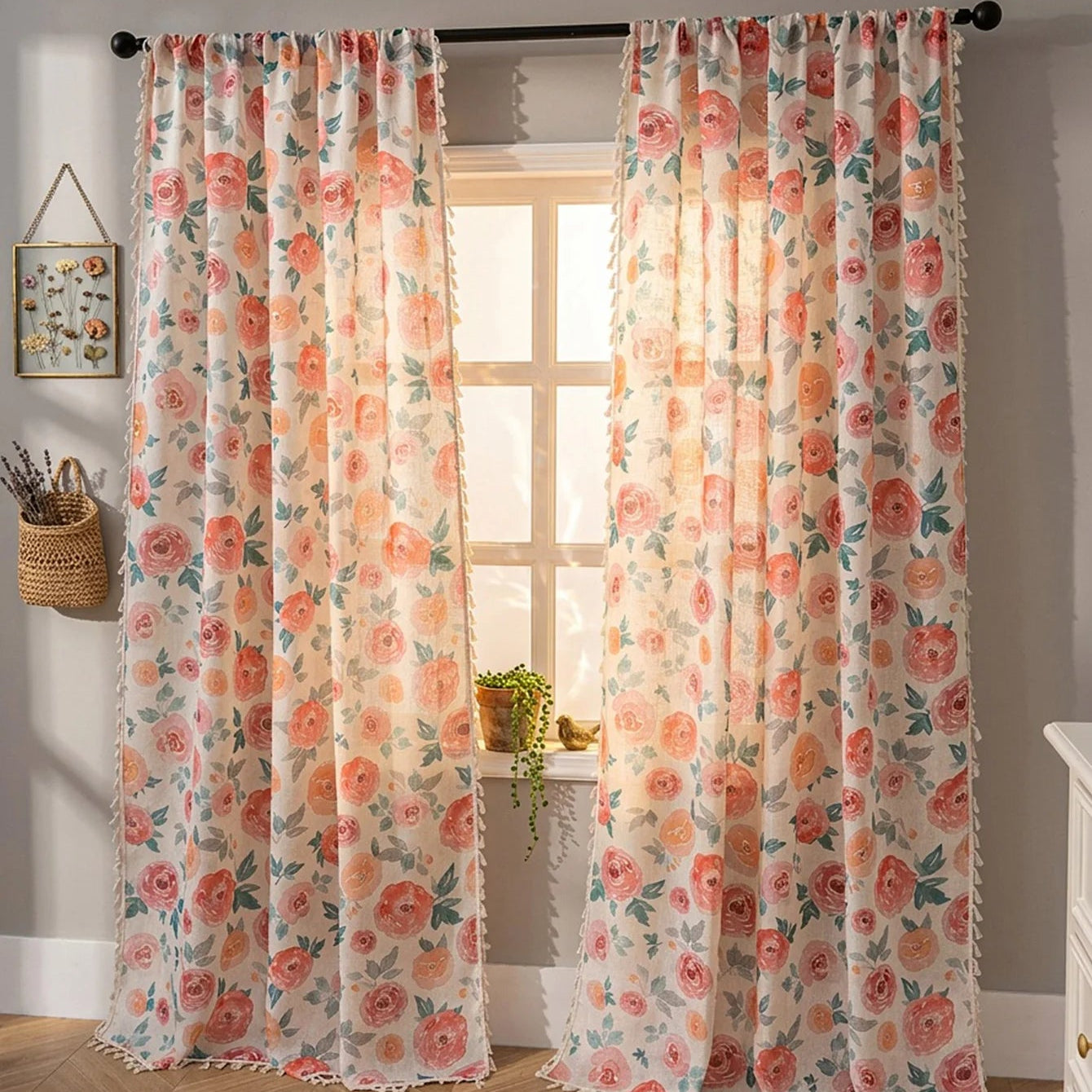 Rosa Blumen Vorhang mit Leinenoptik Lichtdurchlässig im Shabby Chic Stil für Wohnzimmer Kaufschwan®