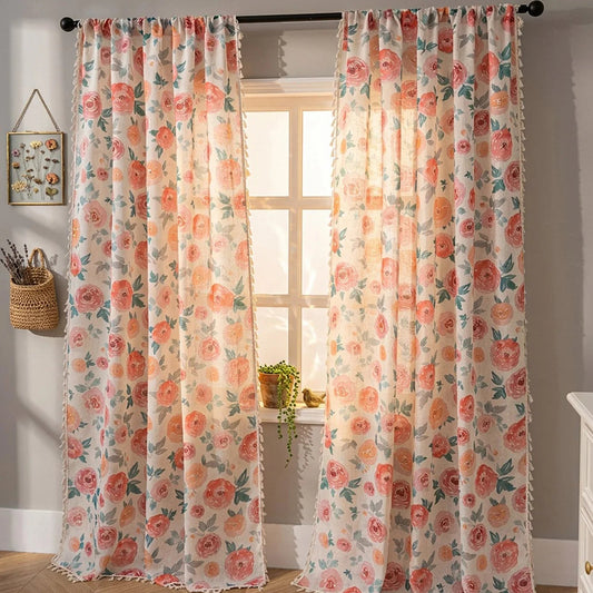 Rosa Blumen Vorhang mit Leinenoptik Lichtdurchlässig im Shabby Chic Stil für Wohnzimmer Kaufschwan®