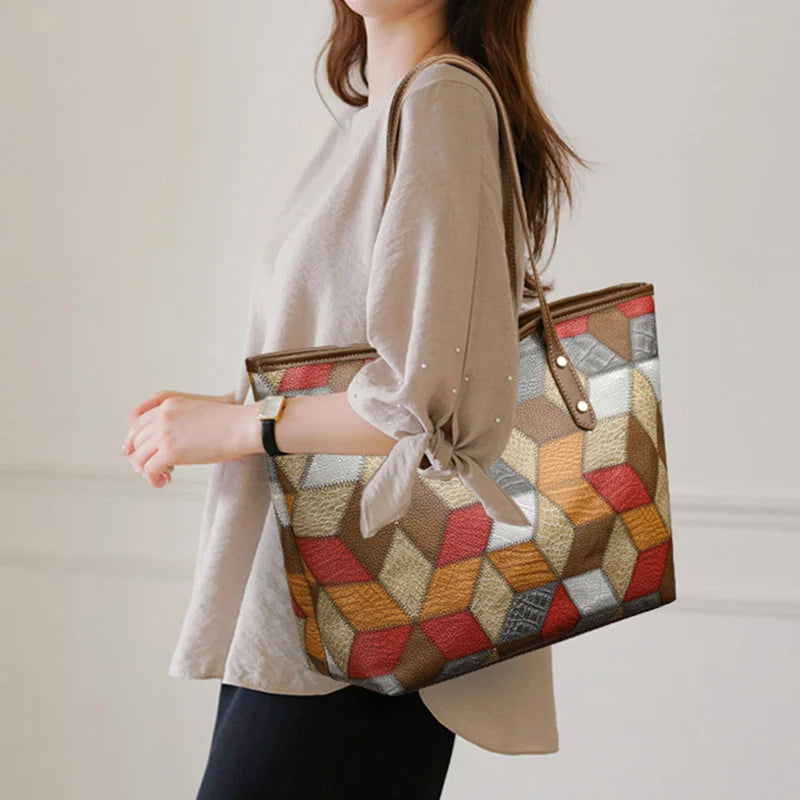 Damenhandtasche mit Großem Fassungsvermögen – Lässige PU Leder Patchwork Tote | Modische Unterarm & Schultertasche Kaufschwan®