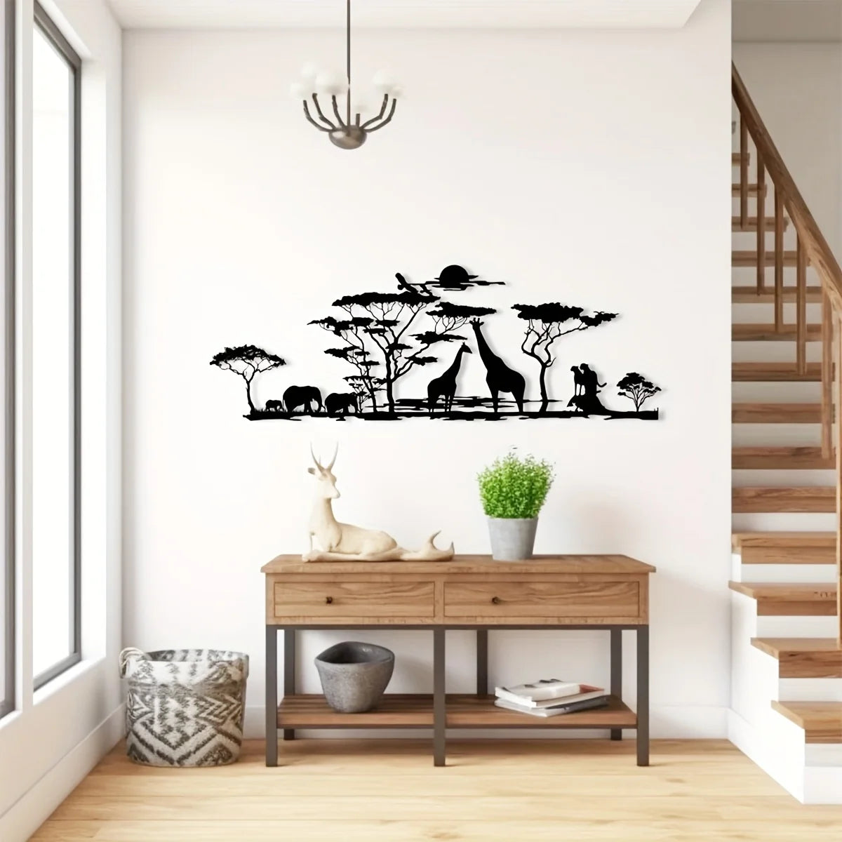 Afrikanische Tier Metall Wanddeko – Elefant, Giraffe, Löwe und Baum Design Kaufschwan®