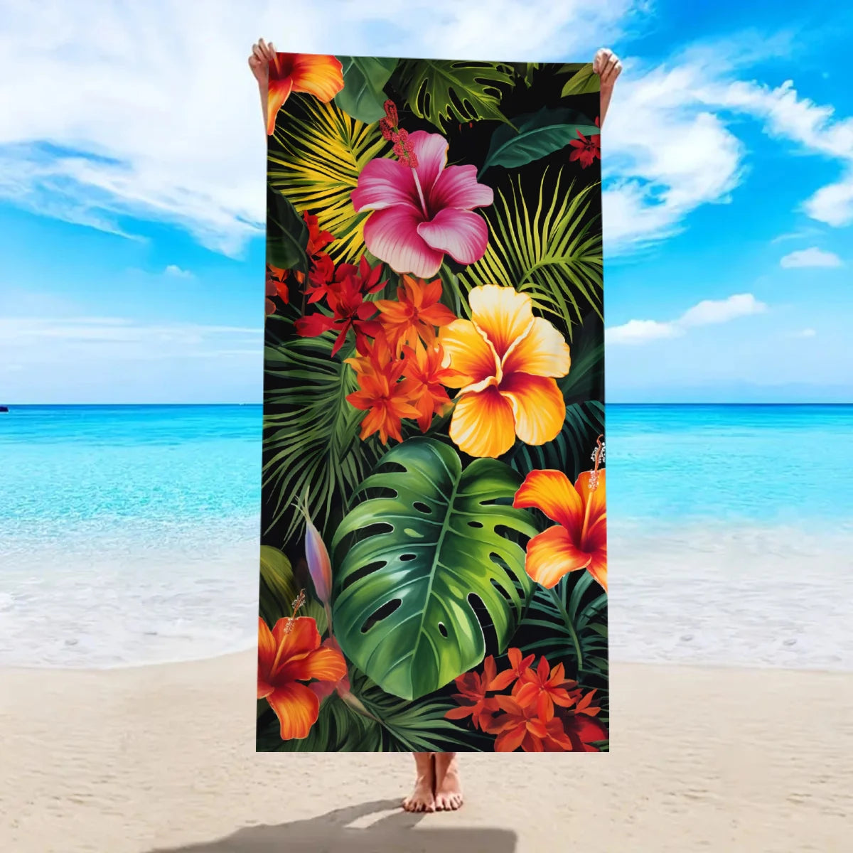 Tropisches Blumen Strandtuch – Schnell Trocknendes & Saugfähiges Mikrofaser Handtuch | Leichtes Reisehandtuch für Sport, Yoga, Schwimmen & Camping Kaufschwan® Grün-Rot 150x75cm