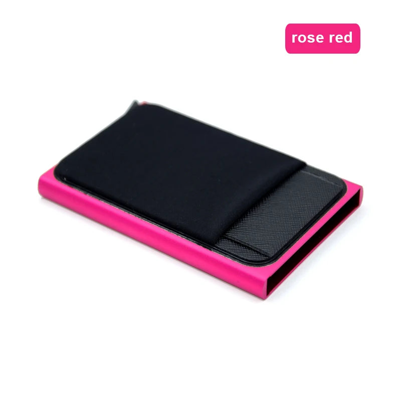 Metall Kartenhalter – Dünner Pop-Up Aluminium RFID Wallet mit Elastischer Rückentasche | ID & Kreditkartenhalter für Reisen Kaufschwan® Rosenrot