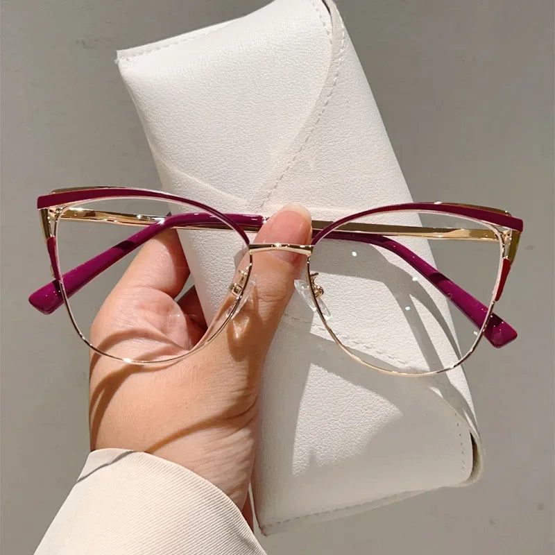 Minimalistische Metall Anti-Blau-Licht Brille für Damen – Modische Cat-Eye Computerbrille | Elegante Business-Brille Kaufschwan® Rotbraun
