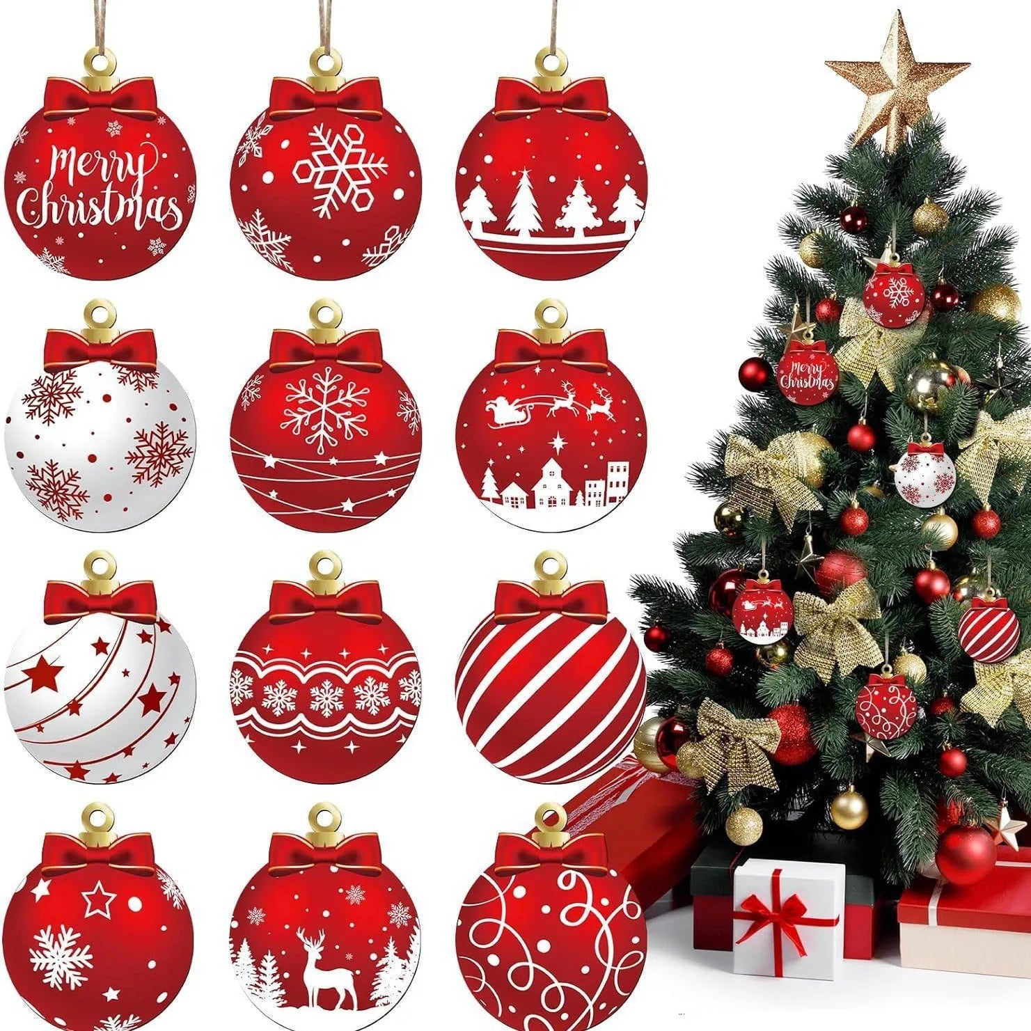 12 Stück Holz Weihnachtskugeln – Festliche Anhänger Deko Set | Weihnachts- & Neujahrsdekoration für Zuhause oder Party Kaufschwan®