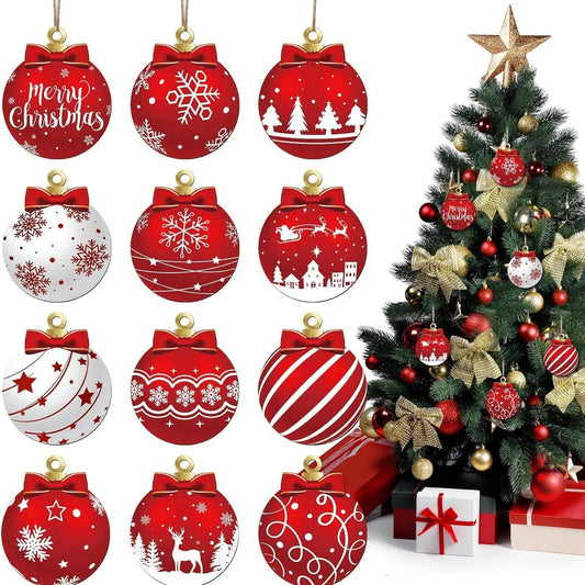 12 Stück Holz Weihnachtskugeln – Festliche Anhänger Deko Set | Weihnachts- & Neujahrsdekoration für Zuhause oder Party Kaufschwan®