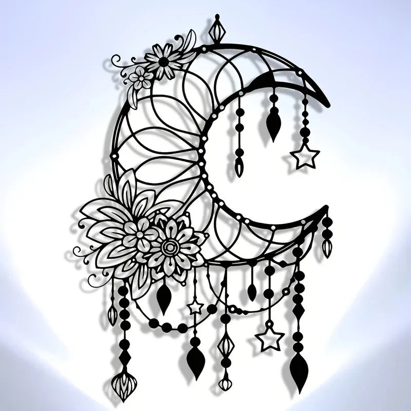 Elegantes Gothisches Mond & Blumen Metall Wandbild – Modernes Hängedekor Kaufschwan®