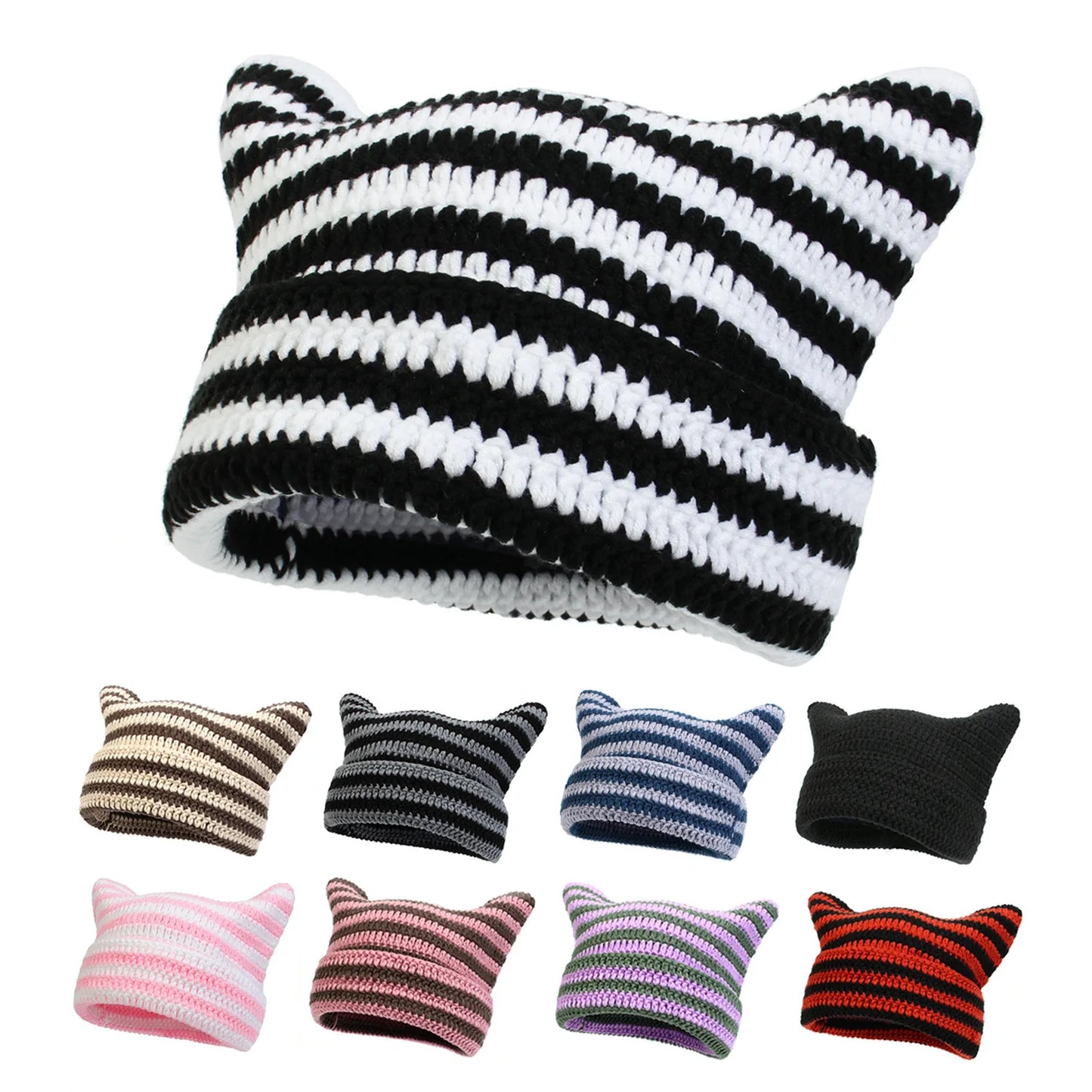 Häkelmütze mit Katzenohren – Weiche Acryl Wintermütze für Damen | Gestreifte Warme Beanie Mütze Geschenk Kaufschwan®