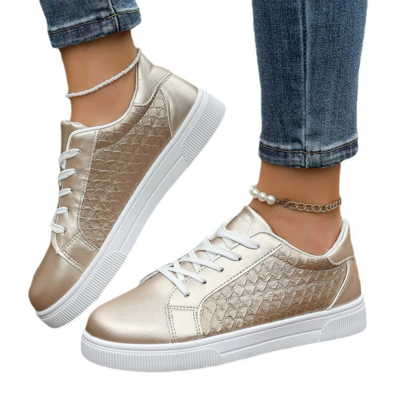 Damen Sneaker in Gold & Silber | Frühling & Herbst Schnürschuhe aus Weichem PU Leder | Modische Freizeitschuhe Kaufschwan®