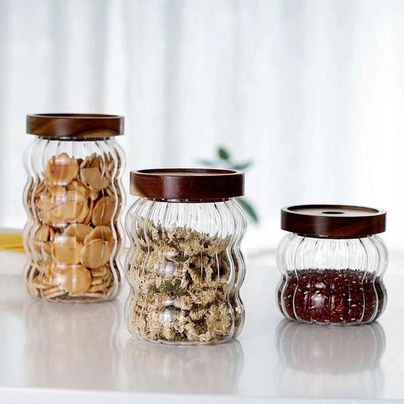 Glas Vorratsbehälter mit Holzdeckel & Streifen Design – Versiegelte Gläser für Tee, Kaffeebohnen, Getreide & Süßigkeiten Kaufschwan®