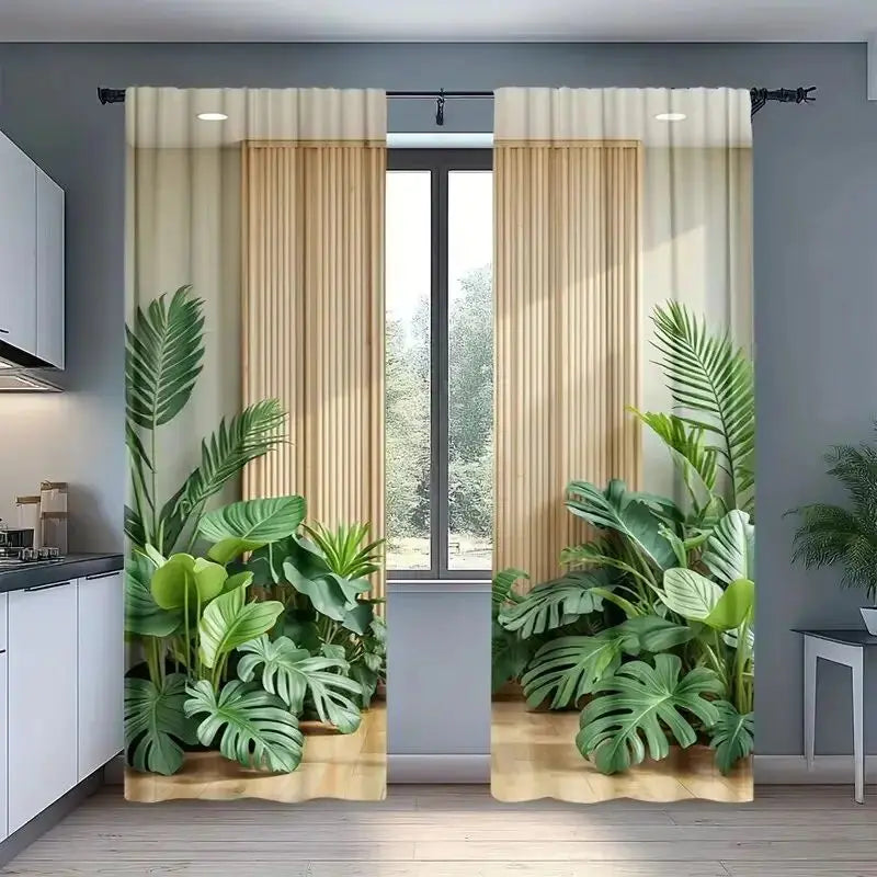 Tropischer Monstera Palmblatt Verdunkelungsvorhang für Wohnzimmer Schlafzimmer Fenster 2 Stück/Set Kaufschwan® Beige/Grün 65x90cm Stangentasche