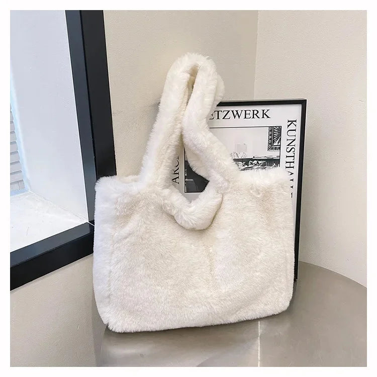 Herbst Winter Plüsch Tote Bag – Damen Modische Schultertasche | Vielseitige weiche Handtasche Kaufschwan® Weiß 35x10x55cm