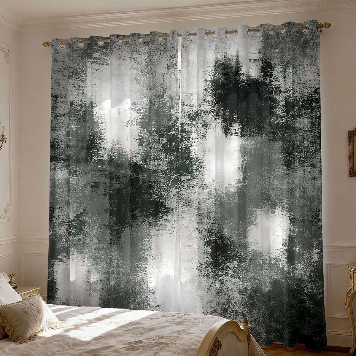 Graffiti Farbblock Print Vorhang 90g Isoliert Modernes Design für Wohnzimmer Schlafzimmer 2 Stück/Set Kaufschwan® Grau - Schwarz - Weiß 264x242 cm Ösenverschluss